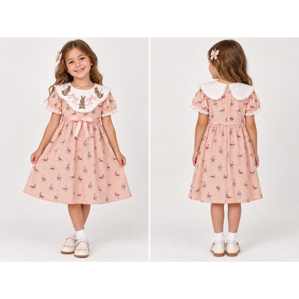 Think Pink Bows Peter Rabbit Pink Gingham Embroidered Collar Dress Size 7 NWT
